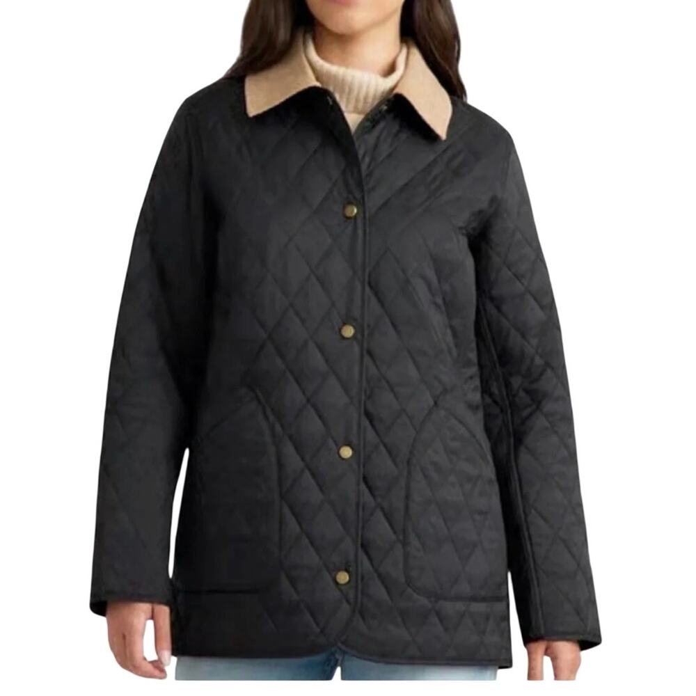 Hunter Black Quilted Rachel Barn Jacket with Brown Corduroy Collar size M NWT